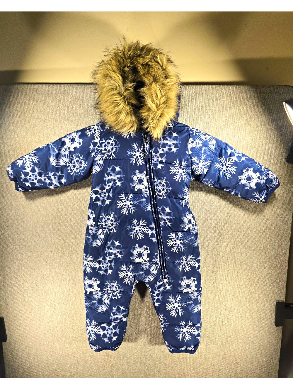 Baby/Toddler Blue White Snowflake Hooded One-Piece Snowsuit Faux Fur Trim 6-12M